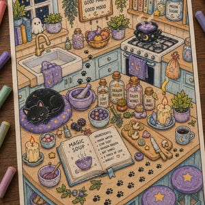 May include: A colored illustration of a kitchen featuring a black cat sleeping on a purple cushion, a cookbook open to a Magic Soup recipe, various potion bottles labeled Love Dust, Dragon Breath, Fairy Wings, and Bat Wings, and a stove.