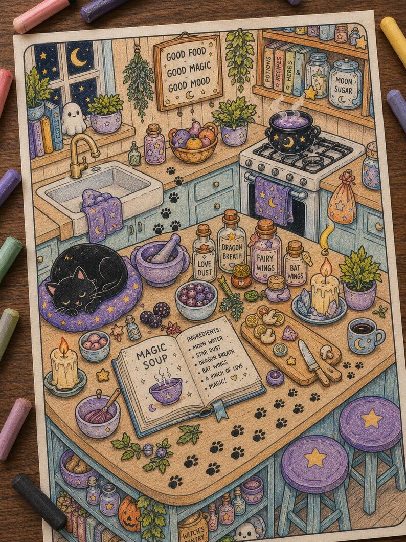 May include: A colored illustration of a kitchen featuring a black cat sleeping on a purple cushion, a cookbook open to a Magic Soup recipe, various potion bottles labeled Love Dust, Dragon Breath, Fairy Wings, and Bat Wings, and a stove.