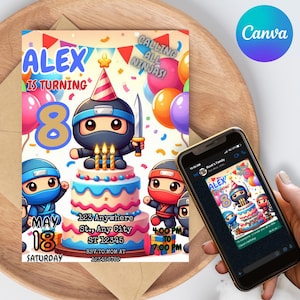 Editable Ninja Birthday Invitation,Ninjas Digital Invitation,Ninja Warrior Birthday Invite,Ninja Fighter Template,Editable Invite Canva