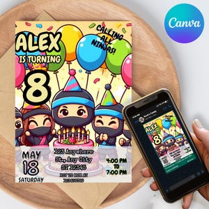 Editable Ninja Birthday Invitation,Ninjas Digital Invitation,Ninja Warrior Birthday Invite,Ninja Fighter Template,Editable Invite Canva