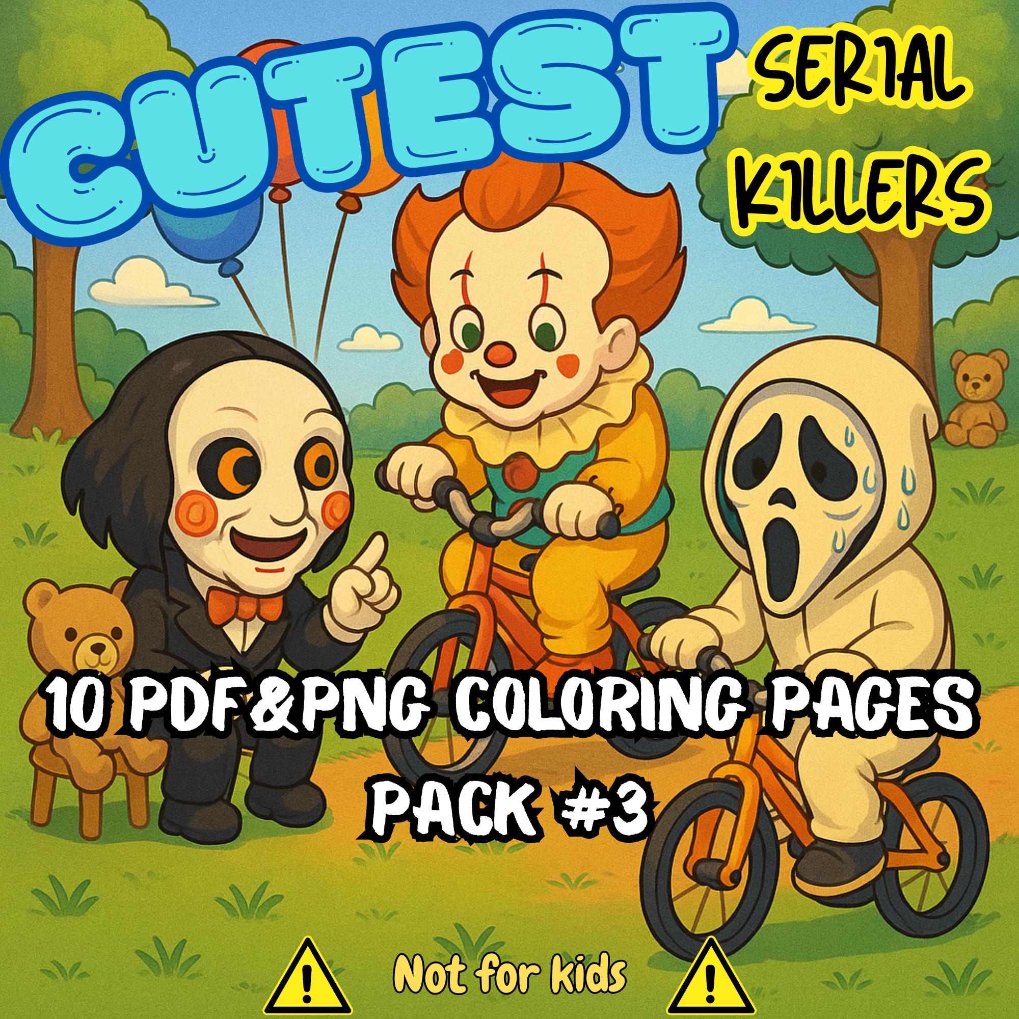 El libro de colorear de asesinos en serie más tierno para adultos – 10 páginas digitales en PNG y PDF para aliviar el estrés con humor negro