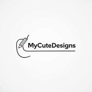 May include: A logo design featuring a gray pencil icon with a black tip, positioned to the left of the black text MyCuteDesigns. A single continuous black line extends from the pencil, curving around the left side and underlining the text.