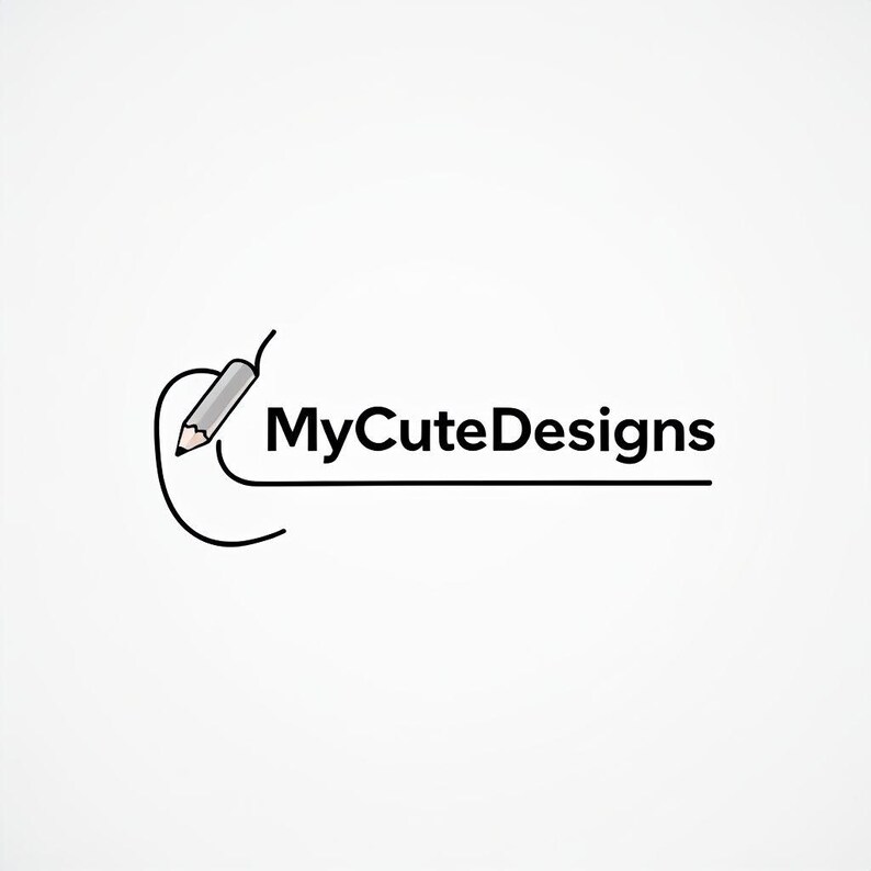 May include: A logo design featuring a gray pencil icon with a black tip, positioned to the left of the black text MyCuteDesigns. A single continuous black line extends from the pencil, curving around the left side and underlining the text.