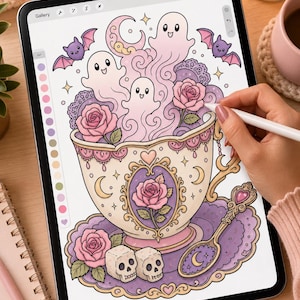 May include: A digital illustration on a tablet screen showing a decorative teacup filled with swirling pink smoke, three small ghosts, and pink roses. A matching saucer holds a spoon and two skull-shaped sugar cubes, with two small bats above.
