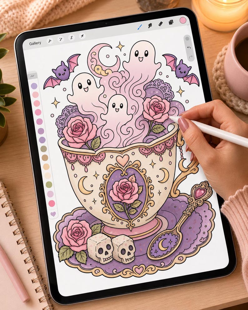 May include: A digital illustration on a tablet screen showing a decorative teacup filled with swirling pink smoke, three small ghosts, and pink roses. A matching saucer holds a spoon and two skull-shaped sugar cubes, with two small bats above.