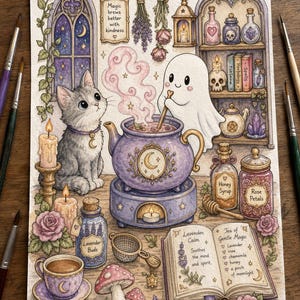 May include: A watercolor illustration featuring a gray cat and a ghost stirring a purple cauldron. The scene includes a book titled 'Tea of Gentle Magic', jars labeled 'Honey Syrup', 'Rose Petals', 'Lavender Buds', and text reading 'Magic brews better with kindness'.