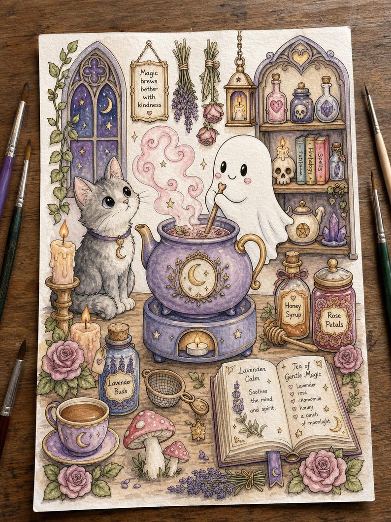 May include: A watercolor illustration featuring a gray cat and a ghost stirring a purple cauldron. The scene includes a book titled 'Tea of Gentle Magic', jars labeled 'Honey Syrup', 'Rose Petals', 'Lavender Buds', and text reading 'Magic brews better with kindness'.