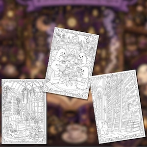 May include: Three black and white coloring pages featuring detailed line art. One page shows ghosts reading in a cozy room, another depicts a sunroom with a chair and plants, and the third shows a tall library with a ladder and a cat.