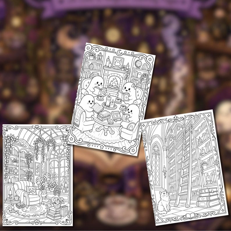 May include: Three black and white coloring pages featuring detailed line art. One page shows ghosts reading in a cozy room, another depicts a sunroom with a chair and plants, and the third shows a tall library with a ladder and a cat.