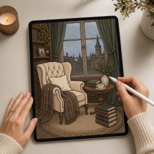 May include: A digital illustration on a tablet screen depicting a cozy room with a tufted cream armchair, a plaid throw blanket, a round wooden side table with a teacup and books, and a window view of a rainy cityscape with green curtains.
