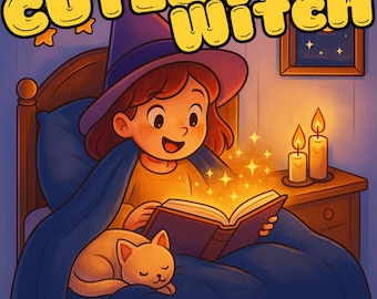 Puede incluir: Ilustración de una joven bruja leyendo un libro en la cama, con un gato a sus pies. El texto "Cutest Witch" está en la parte superior y "10 PDF & PNG Coloring Pages Pack #3" en la inferior. La bruja lleva un sombrero morado.