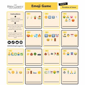 Può includere: Scheda del gioco Emoji con istruzioni e 18 enigmi emoji. Ogni enigma presenta una serie di emoji che rappresentano una parabola biblica. Il gioco è classificato come Parabole di Gesù. L'indirizzo del sito web è visibile in basso.