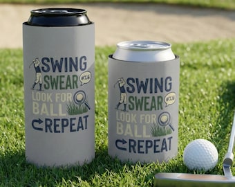 Funny Golf Can Cooler, Swing Swear Repeat Koozie, Gift for Golfer Dad