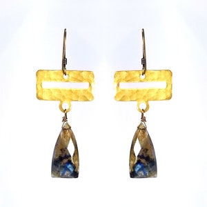 Labradorite Triangle Earring with Hammered Brass Rectangular