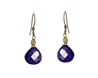 Lapis Teardrop with Brass Faceted Bead Earrings