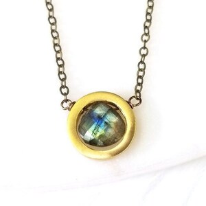 Labradorite Inside Brushed Circle Raw Brass Necklace