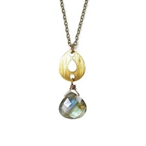 Gemstone Textured Brass Teardrop Metal Pendant Necklace