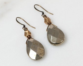 Large Pyrite Teardrop Earrings with Large Brass Bead