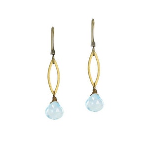 Blue Topaz Raw Brass Dainty Marquise Earrings