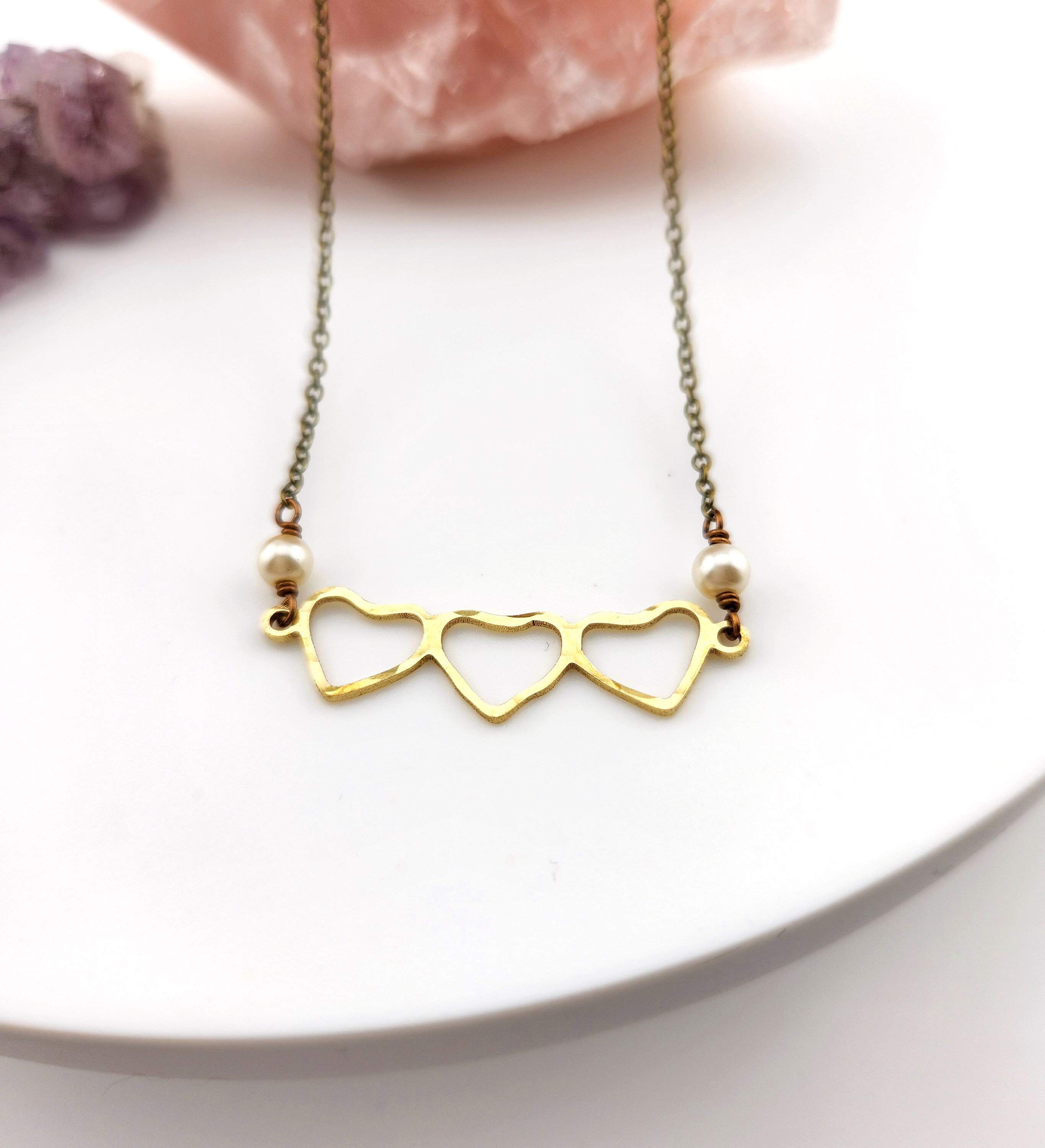 Triple Heart and Pearl Hammered Brass Necklace - Etsy