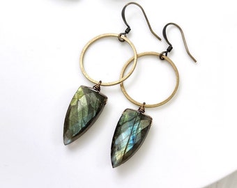 Labradorite Shield Circle Hoop Earrings