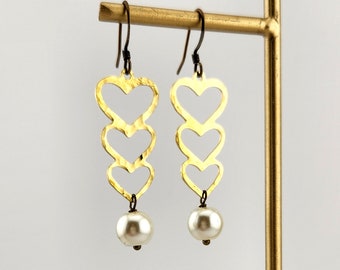 Triple Heart Pearl Earrings Hammered Brass Metals
