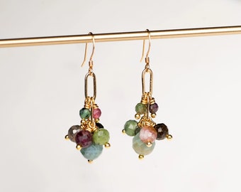 Gold Chain and Gemstone Cluster Earrings (Multiple Colors)