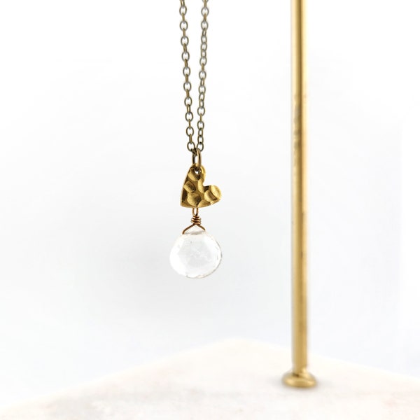 Sweet Brass Heart and Clear Quartz Drop Necklace
