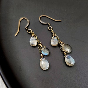 Labradorite Dainty Triple Stone Vertical Chain Earrings