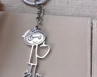 Personalized keychain kid&#39;s drawing, high quality titanium steel keychain, hand made gift keychain for mom/grandma, cute girl keychain