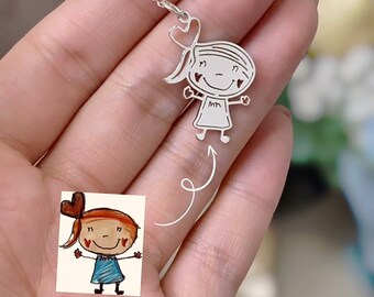 Personalized necklace kid&#39;s drawing, high quality  925 sterling silver, hand made gift for mom/grandma, cute girl pendant, everyday jewelry