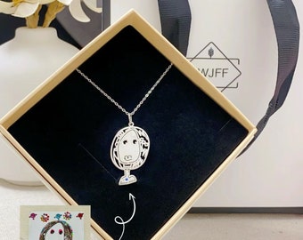 Personalized kid&#39;s drawing Pendant, necklace Customize drawing/Name, 925Silver, holiday /birthday gift, Gift for her/he, mom/grandma gift
