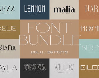 May include: A graphic design font bundle featuring 20 different fonts. The fonts are displayed in a grid with each font name in a different color. The fonts are all modern and stylish, and they would be perfect for use in branding, website design, and social media.