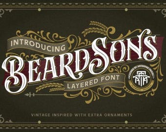 May include: A vintage-style graphic design showcasing the text "BEARDSONS" in a layered font. The design incorporates decorative elements, including scrolls and wheat, with the words "Introducing" and "Layered Font".