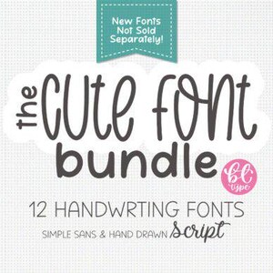 Può includere: L'immagine mostra un pacchetto di font intitolato "the CUTE font bundle" con 12 font scritti a mano. Un banner turchese recita "New Fonts Not Sold Separately!" e un logo rosa "bc type". Lo sfondo è un motivo a pois grigio chiaro.