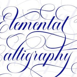 May include: Elegant blue calligraphy design with the words "Elemental Calligraphy" in a flowing script. The image also includes the phrases "Pro Language Support" and "Hot New Fonts" in a decorative font, all set against a white background.