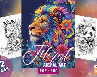 Puede incluir: Una portada de libro para colorear con un león colorido con flores. El título del libro es "Floral Animal Art" y el subtítulo es "PDF - PNG". La portada también incluye una ilustración en blanco y negro de un zorro y un panda.