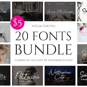 May include: A digital product bundle of 20 fonts for commercial use. The fonts are displayed in a collage of images with a white background and black text. The text "20 Fonts Bundle" is displayed in large black text in the centre of the image. The text "£5" is displayed in a pink circle in the top left corner of the image.