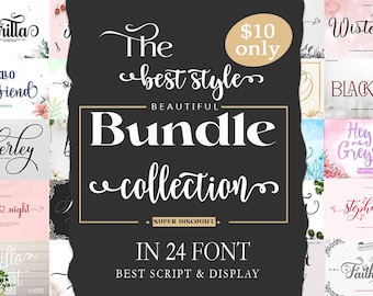 May include: A collage of 24 different font styles, featuring a variety of script and display fonts. The fonts are displayed in a variety of colors and styles, and the text "The best style" and "Bundle collection" is featured in the center of the image. The text "IN 24 FONT" and "BEST SCRIPT & DISPLAY" is featured at the bottom of the image.