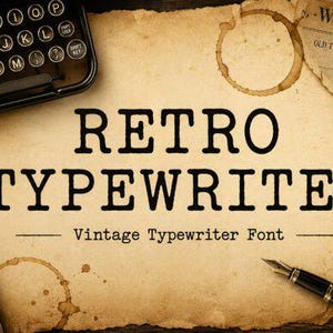 Puede incluir: Un trozo de papel beige envejecido con bordes rasgados que presenta el texto negro RETRO TYPEWRITER y Vintage Typewriter Font. El papel muestra una mancha de café, una pluma estilográfica, un teclado de máquina de escribir y un recorte de periódico.