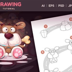 May include: A cartoon illustration of a dog with a bone, and a drawing tutorial. The dog is brown, white, and pink, with large eyes and a big nose. The tutorial shows the steps to draw the dog.