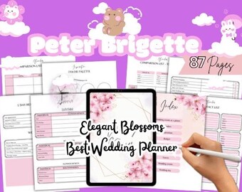 May include: A digital planner with a pink and gold floral design. The planner is titled "Elegant Blossoms Best Wedding Planner" and has 87 pages. The planner includes sections for a comparison list, contact list, and flower design.