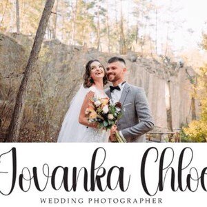 May include: A wedding photograph of a smiling couple in an outdoor setting. The bride is in a white dress and veil, holding a bouquet. The groom wears a grey suit and bow tie. The photographer's name, "Jovanka Chloe," is displayed below the image.