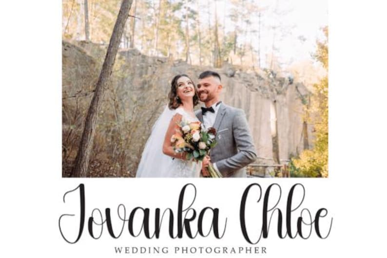 May include: A wedding photograph of a smiling couple in an outdoor setting. The bride is in a white dress and veil, holding a bouquet. The groom wears a grey suit and bow tie. The photographer's name, "Jovanka Chloe," is displayed below the image.