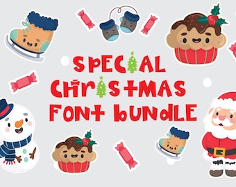 May include: A colourful illustration of a Christmas font bundle featuring various festive elements, such as a snowman, Santa Claus, a cupcake, and a pair of mittens. The text "SPECIAL CHRISTMAS FONT BUNDLE" is displayed in red letters.