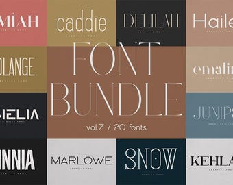 May include: A collage of 20 different font names, each displayed in a unique style. The fonts are arranged in a grid pattern on a background of various colors. The text "FONT BUNDLE vol.7 / 20 fonts" is displayed in the center of the image.