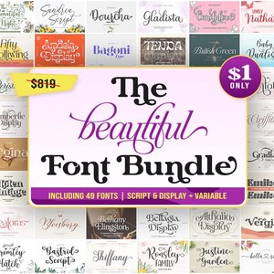 Könnte beinhalten: Eine Sammlung von 49 Schriftarten zum Verkauf, darunter Schriftarten für Schrift und Anzeige. Die Schriftarten werden in einem Raster mit rosa Hintergrund und dem Text "The beautiful Font Bundle" in einer großen, fetten Schriftart angezeigt.