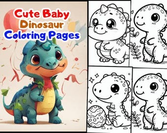 Könnte beinhalten: Vier Malvorlagen mit niedlichen Baby-Dinosauriern. Die Dinosaurier sind in verschiedenen Posen, wie Stehen, Sitzen und Eier halten. Die Seiten sind schwarzweiß und zum Ausmalen bereit.