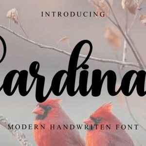 Op de afbeelding: Afbeelding met het woord "Cardinal" in een groot, elegant, zwart script. De tekst "Introducing" en "Modern Handwritten Font" zijn ook aanwezig. Twee rode kardinalen zitten op een tak op de achtergrond.