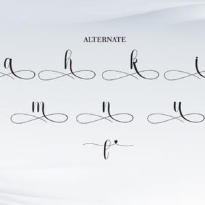 May include: A selection of cursive letter designs, including 'a', 'h', 'k', 'i', 'm', 'n', 'y', and 'f', with decorative flourishes. The word "ALTERNATE" is displayed above the letters. The letters are in a dark colour against a light background.